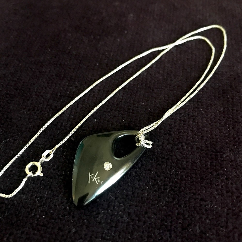 18K Diamond Black Steel Art Pendant Sterling Silver Necklace - Picture 3 of 7